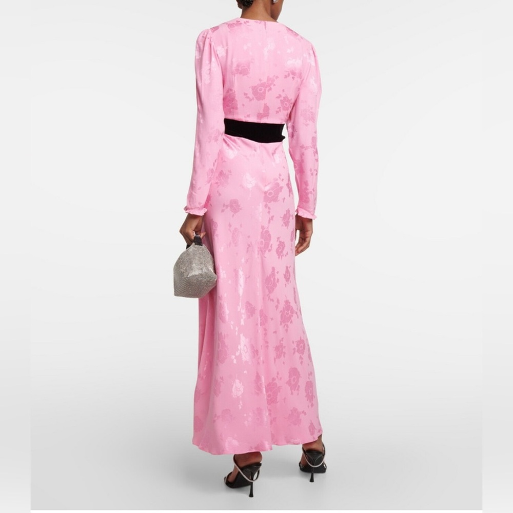NWT Rixo Bambi Pink Floral Embellished Maxi Dress Black Velvet Waist Large NoBow - Picture 4 of 11